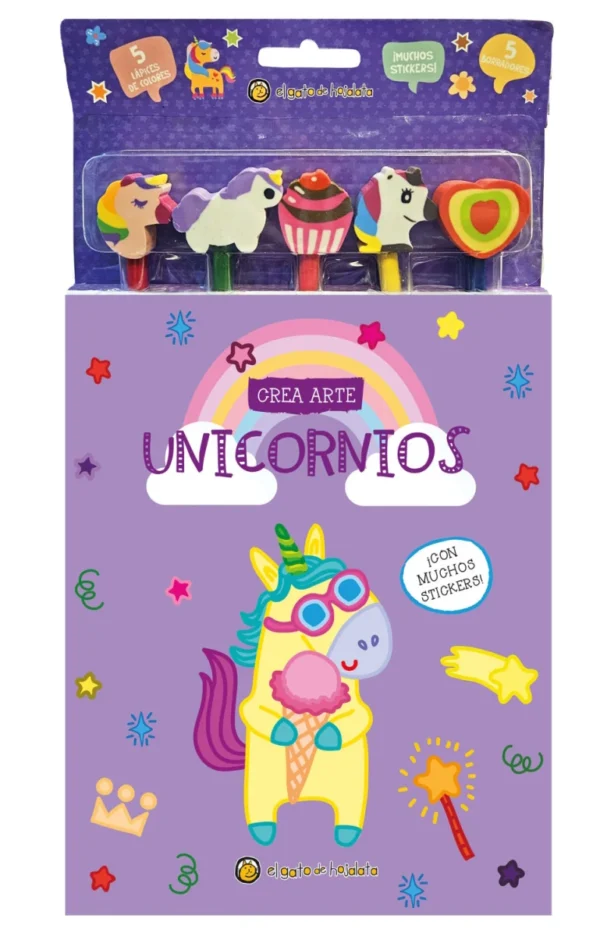 Lápices, borradores y stickers. Unicornios